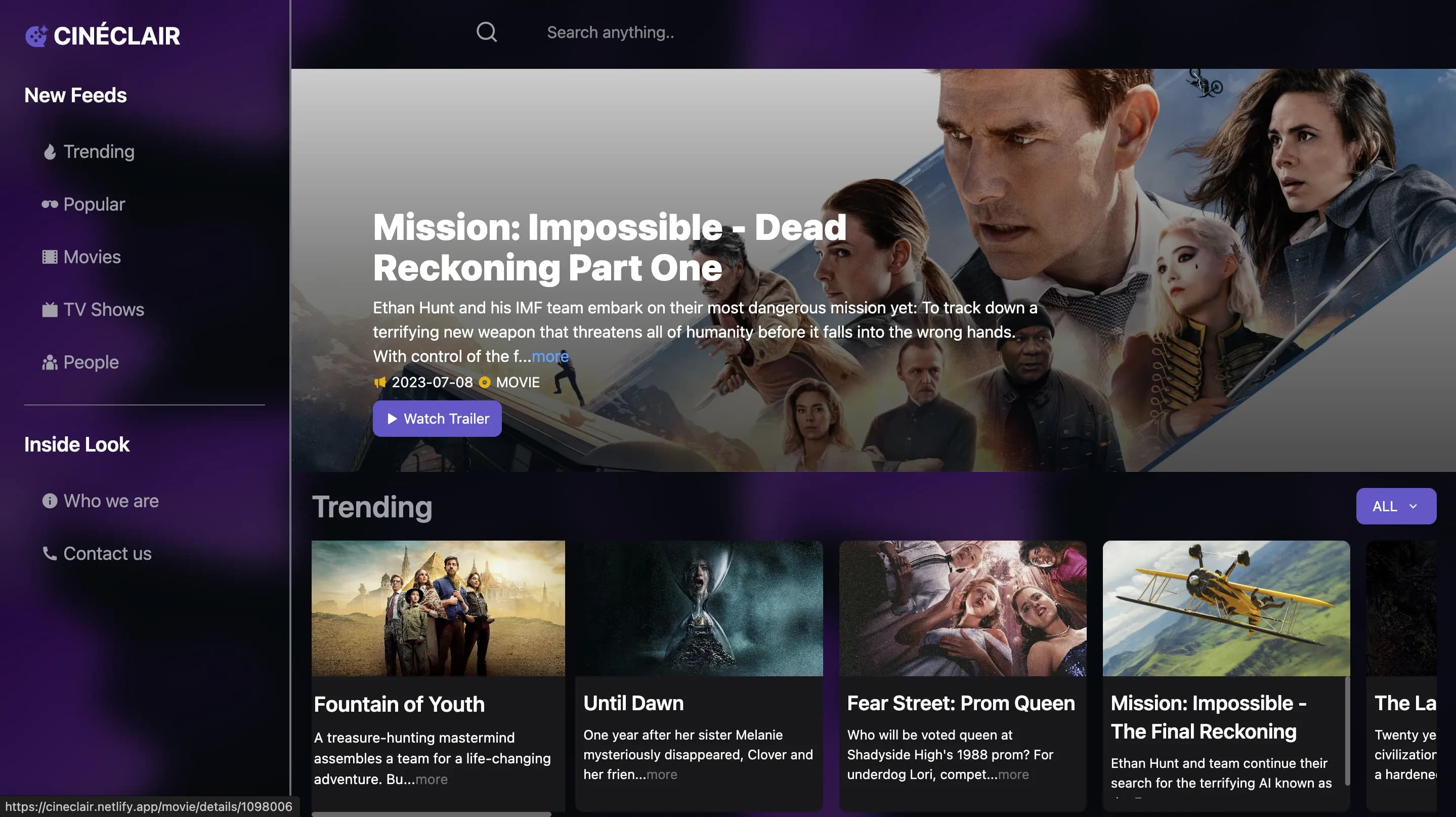 Movie discovery app with search trending films and animated UI